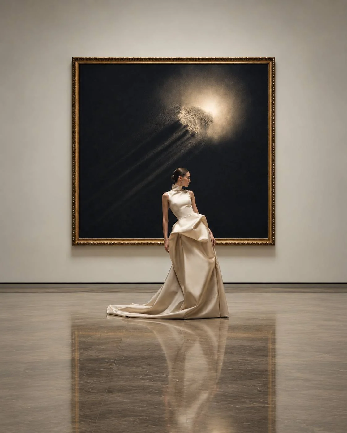 A figure in a white dress with an abstract work of light in a gold frame.