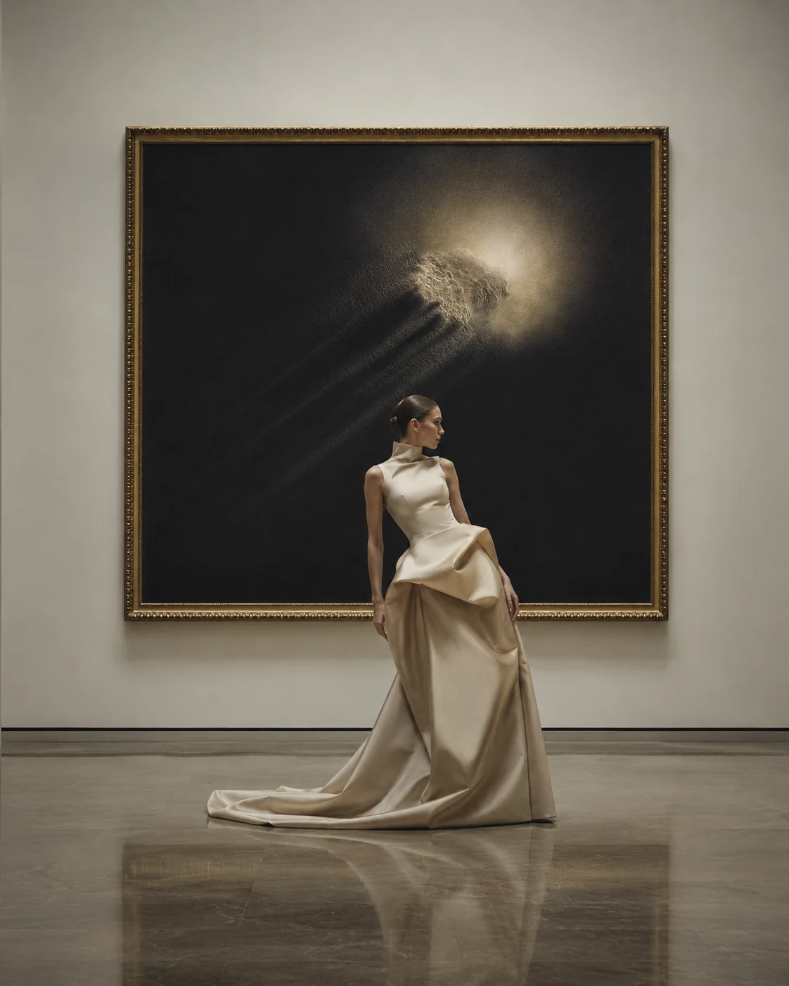 白いドレスをまとった人物と、金色の額に収められた光の抽象画。 Visual 03.